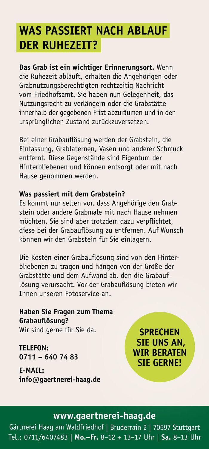 Gärtnerei Haag Katalog | Grabauflösung – wir übernehmen alle Arbeiten für Sie. | 27.3.2024 - 31.12.2024