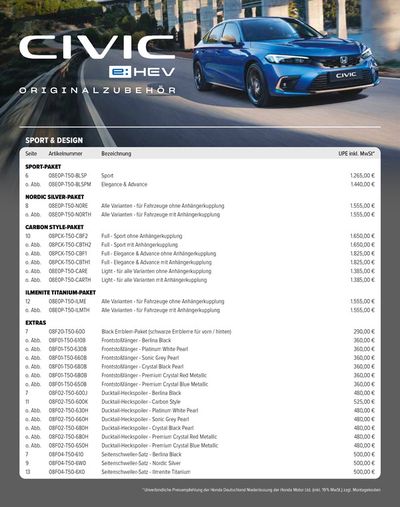 Honda Katalog | Honda CIVIC ZUBEHÖR-PREISLISTE | 9.4.2024 - 9.4.2025