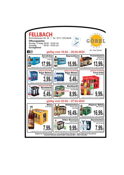 Angebote von Supermärkte in Weinstadt | Getränke Göbel flugblatt in Getränke Göbel | 14.4.2024 - 28.4.2024