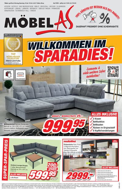 Angebote von Möbelhäuser in Sinsheim | WILLKOMMEN IM SPARADIES! in Möbel AS | 18.4.2024 - 27.4.2024