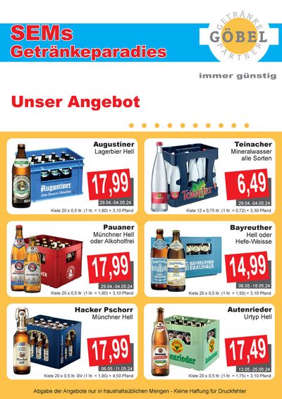 Angebote von Supermärkte in Nördlingen | Getränke Göbel flugblatt in Getränke Göbel | 28.4.2024 - 12.5.2024