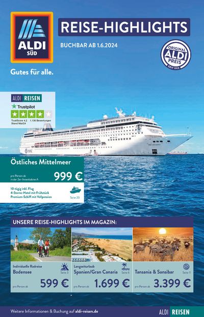 Angebote von Reisen und Freizeit in Worms | Aldi Süd Reisen flugblatt in Aldi Süd Reisen | 4.6.2024 - 18.6.2024