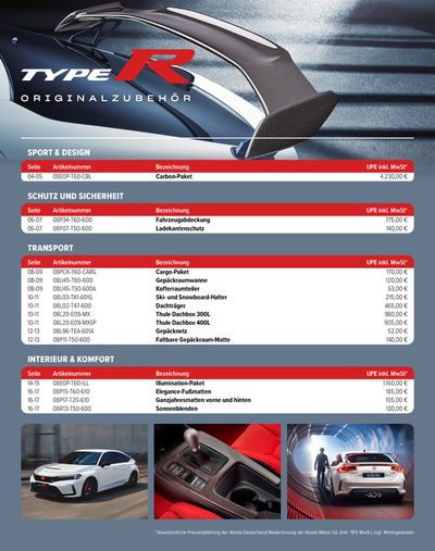 Honda Katalog in Guben | Honda CIVIC TYPE R ZUBEHÖR-PREISLISTE | 5.6.2024 - 5.6.2025