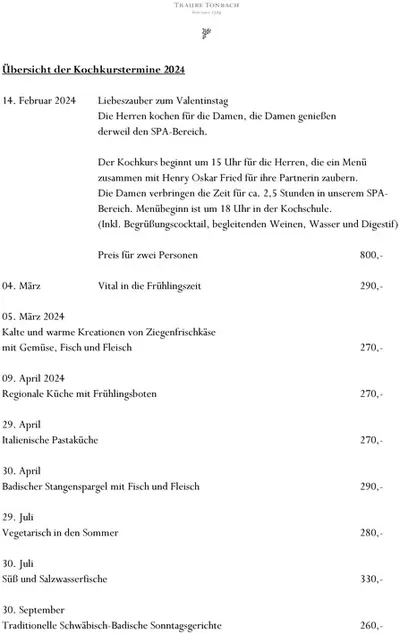 Angebote von Reisen und Freizeit in Baiersbronn | Kochkurstermine in Hotel Traube Tonbach | 22.8.2024 - 31.3.2025