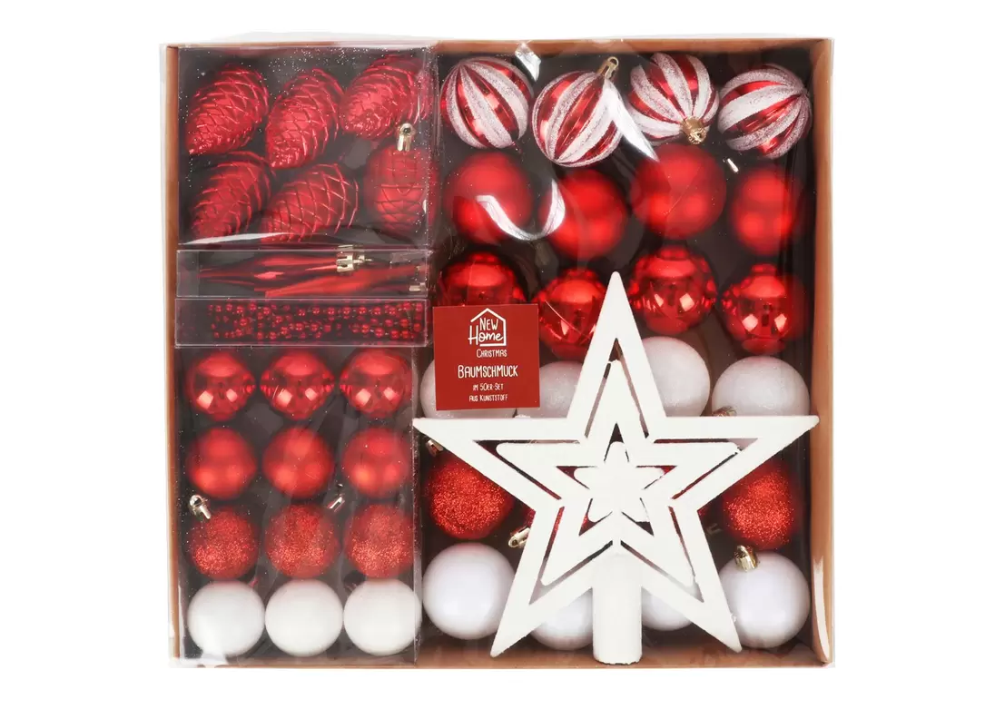 Weihnachts-Baumschmuck aus Kunststoff 50-teilig Rot/Weiss für 9,98€ in Thomas Philipps